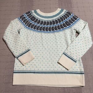 Talbots Petites Fair Isle Knit Sweater White Blue 70% Nylon 30% Lambswool Mp